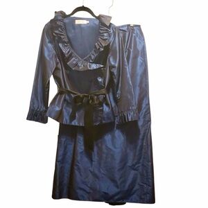 Rickie Freeman Teri Jon 100% Silk NAVY Ruffled Jacket & Long Skirt Set